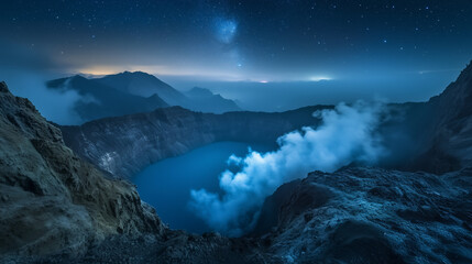 ijen crater, view from the edge of the crater with the blue lake below and sulfur smoke covering mos