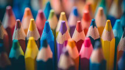 colorful paint pencils arranged on the table, back to school