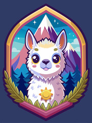 Wall Mural - Cute White Alpaca with Sun and Mountain Background in a Crest