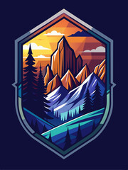 Poster - Mountain Range with Sunset and Forest Silhouette within a Geometric Shield