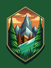 Wall Mural - Mountain Landscape with Cabin and Evergreen Trees