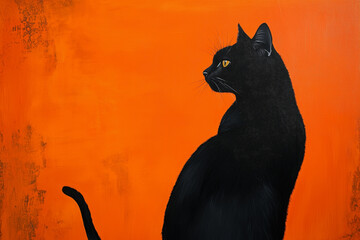 Wall Mural - black cat is sitting on  orange background. The cat is looking at the camera. The scene is calm and peaceful