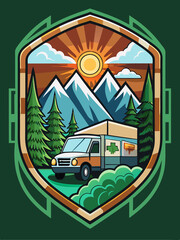 Poster - A Camper Van Parked in a Mountainous Landscape at Sunset