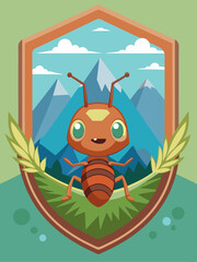 Wall Mural - Cartoon Ant Smiling in a Mountainous Landscape with Green Leaves