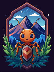 Wall Mural - Ant with Shield Standing in Front of Mountain Range