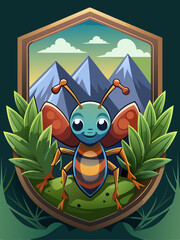 Wall Mural - Cartoon Bug in a Shield with Mountains in the Background