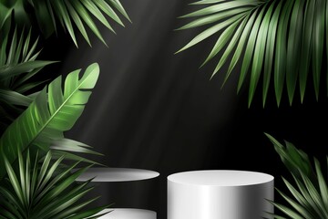 two podiums composition on black background with blurred palm leaves. horizontal banner for black fr