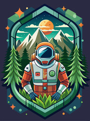 Wall Mural - Astronaut Standing in a Mountainous Forest at Night