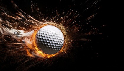 background with glowing circles, golf ball on black background, dynamic image of a white golf ball engulfed in flames, streaking through the dark air, symbolizing power, speed, and intensity in the sp