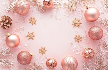 Wall Mural - A light pink background with small Christmas decorations on the right side, decorated in metallic gold and rose tones, with pine branches