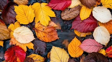 A colorful array of autumn leaves in a stream with gentle water flow, autumn leaves, stream, gentle flow