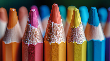 colorful paint pencils arranged on the table, back to school