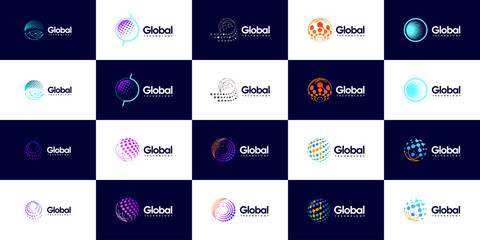 global technology logo set, digital network connection, abstract globe, design vector template.