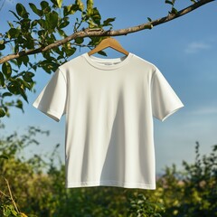 Wall Mural - Blank basic t-shirt mockup. Tee hanging on a tree branch in a scenic outdoor setting. Unisex white shirt, gender neutral tshirt. Casual crewneck short sleeve shirt template without model