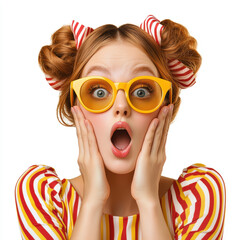 Close-up of young Caucasian woman with red hair in two buns, wearing bright yellow sunglasses and a colorful striped outfit, expressing surprise with hands on her cheeks. Isolated on white background.