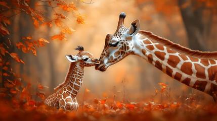 Wall Mural - Giraffe Mother and Baby in Autumn Forest