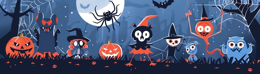 Costumes, Halloween party, cartoon monsters, spider webs, flat design illustration