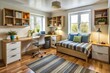 © Caitlin - The cluttered bedroom features a queen-sized bed against one wall, with a nightstand and desk squeezed in between