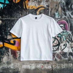 Wall Mural - Basic white t-shirt mockup. Blank shirt near graffiti wall background. Unisex white shirt, gender neutral tshirt. Casual crewneck short sleeve shirt, blank tee template without model