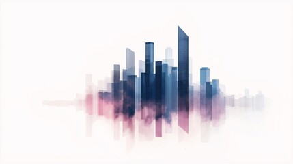 Wall Mural - Metropolitan Mirage: A hazy cityscape bathed in blue and pink hues, reflecting softly against a pristine backdrop