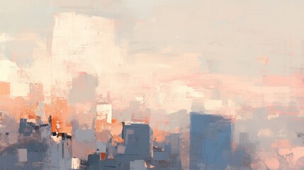 Abstract Painting with Brushstrokes in Muted Peach and Grey Tones, Featuring a Blurred Cityscape and Grainy Texture. Modern Art with Soft Edges and a Neutral Color Palette.