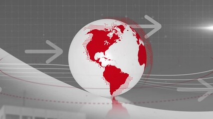 Poster - Rotating globe with red continents and white lines, global news animation