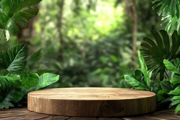 Wall Mural - Wooden circle podium in tropical forest for product presentation and green background.3d rendering with generative ai