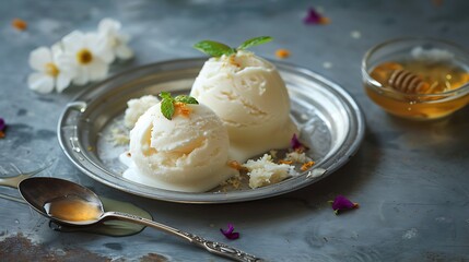 Wall Mural - A creamy kulfi served with honey and faluda on a steel platter with a spoon