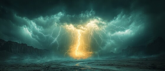 dramatic lightning storm over rocky landscape