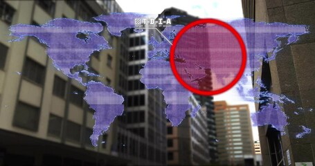 Poster - world map with red circle highlighting region over city buildings animation