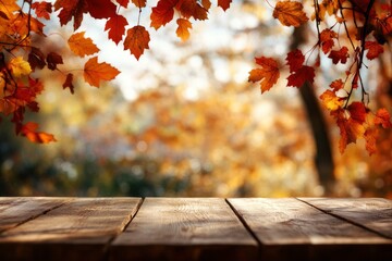 Wall Mural - wooden table and blurred Autumn background. Autumn concept with red-yellow leaves background with generative ai