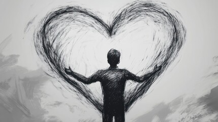 Silhouette of a Person Standing Within a Heart-Shaped Abstract