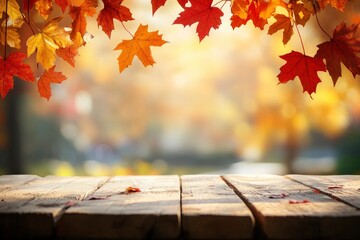 Wall Mural - wooden table and blurred Autumn background. Autumn concept with red-yellow leaves background with generative ai