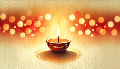 Sticker - Diwali watercolor card illustration with diya lamp and bokeh lights.