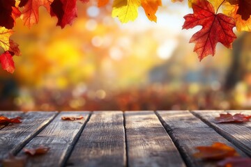 Wall Mural - wooden table and blurred Autumn background. Autumn concept with red-yellow leaves background with generative ai