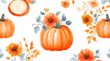 Wall Mural - Watercolor Seamless Pattern with Pumpkins Flowers and Leaves