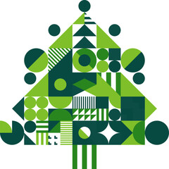 Poster - Christmas holiday geometric abstract pine tree. Vector modern minimal pattern in shape of Xmas tree with green circles, squares and triangles mosaic. Abstract geometric ornament for Christmas card