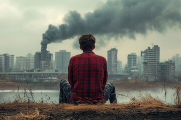 Young man sitting on drying river and looking to polluted city with smoke of co2, carbon dioxide on background. Metaphoric of Environment damage, Climate change and pollution with generative ai