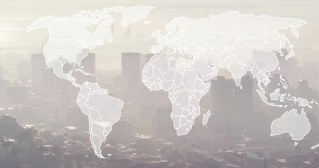 Poster - World map animation over cityscape with tall buildings and hazy sky