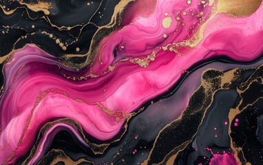 Wall Mural - Luxury abstract fluid art painting background, alcohol ink technique in black, pink colors with gold. Marble texture wallpaper. Dreamy, inspirational design. Fluid inks creating lines, waves, swirls