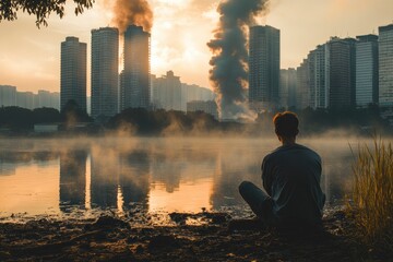 Young man sitting on drying river and looking to polluted city with smoke of co2, carbon dioxide on background. Metaphoric of Environment damage, Climate change and pollution with generative ai