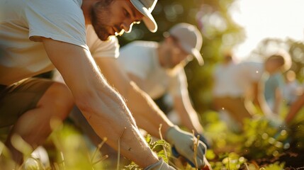 Labor of Love: Volunteers Engaged in Community Service Project Cleaning Park on Labor Day with Teamwork and Tools, Warm Natural Lighting