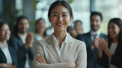 Business woman standing and smiling happily with group of diverse professionals