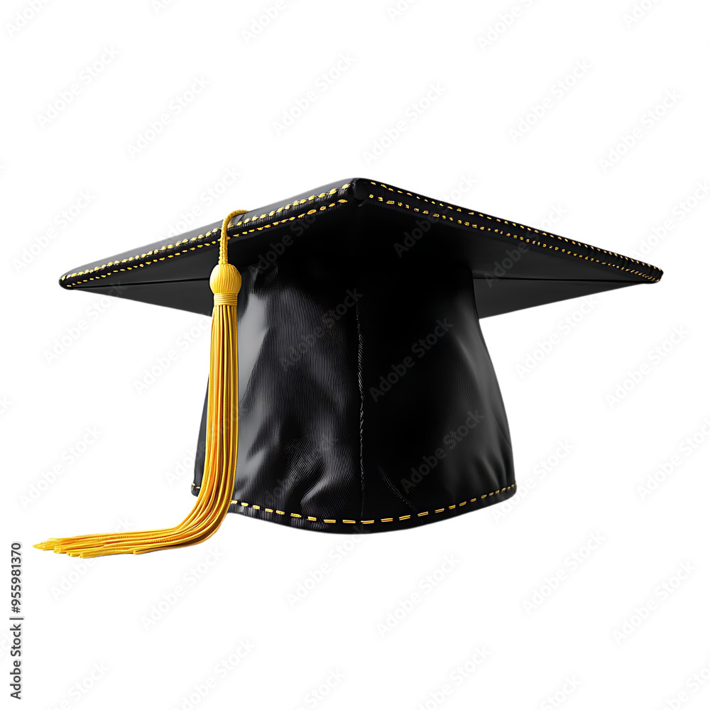 Black Graduation Cap with Gold Tassel on Transparent Background Stock ...