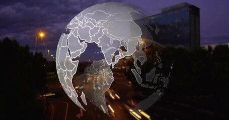 Poster - Globe with country borders animation over cityscape with moving traffic lights