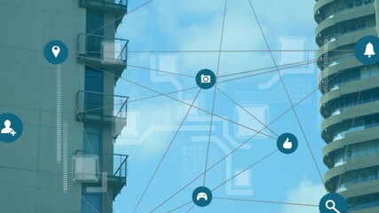 Poster - Network of connections and data processing animation over high-rise buildings