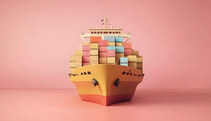 A colorful paper ship filled with vibrant cargo boxes against a pink background, representing creativity and shipping concepts.