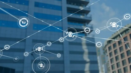 Poster - Network of connections and data processing animation over city buildings
