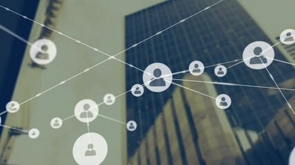 Poster - Network of connected user icons animation over skyscraper background