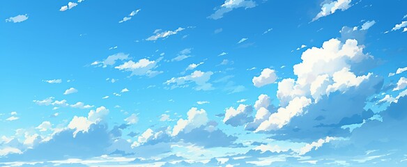 Wall Mural - tranquil blue sky with white clouds and large blank space, simple and clean background for calm atmo